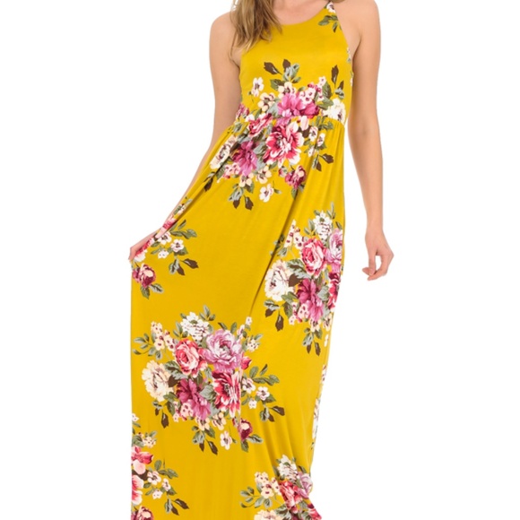 Mustard Maxi Floral Dress - Picture 1 of 5
